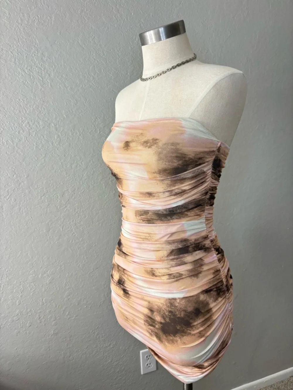 Strapless Pink & Brown Ruched Tie-Dye Bodycon Dress - Picture 2 of 6